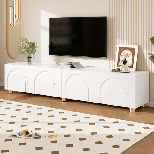 Móvel de TV baixo de 180 cm u2013 relevo arqueado, 4 portas, pés metálicos, arrumação para a sala de estar u2013 branco Móvel de TV baixo de 180 cm u2013 relevo arqueado, 4 portas, pés metálicos, arrumação para a sala de estar u2013 branco