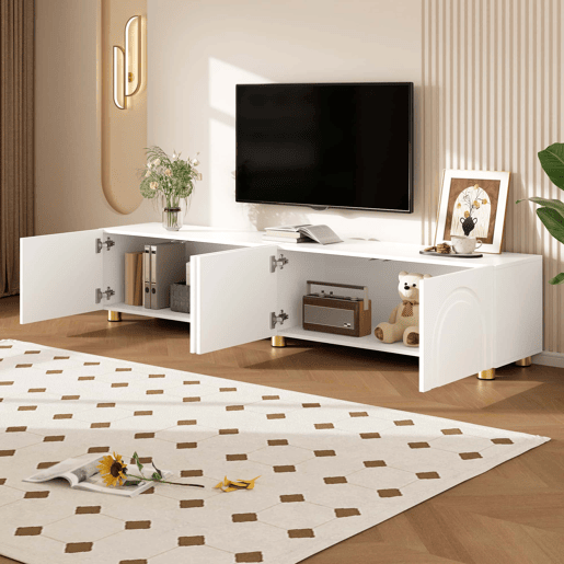 Móvel de TV baixo de 180 cm u2013 relevo arqueado, 4 portas, pés metálicos, arrumação para a sala de estar u2013 branco Móvel de TV baixo de 180 cm u2013 relevo arqueado, 4 portas, pés metálicos, arrumação para a sala de estar u2013 branco