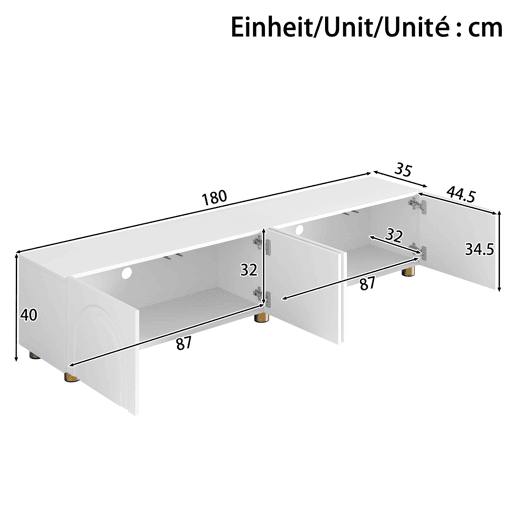 Móvel de TV baixo de 180 cm u2013 relevo arqueado, 4 portas, pés metálicos, arrumação para a sala de estar u2013 branco Móvel de TV baixo de 180 cm u2013 relevo arqueado, 4 portas, pés metálicos, arrumação para a sala de estar u2013 branco