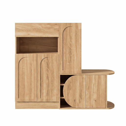 Cómoda com banco 130 x 35 x 110,5 cm u2013 1 gaveta, 5 portas, prateleira aberta e amplo espaço de arrumação para a entrada u2013 Natural Cómoda com banco 130 x 35 x 110,5 cm u2013 1 gaveta, 5 portas, prateleira aberta e amplo espaço de arrumação para a entrada u2013 Natural