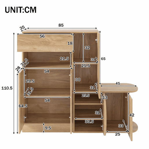 Cómoda com banco 130 x 35 x 110,5 cm u2013 1 gaveta, 5 portas, prateleira aberta e amplo espaço de arrumação para a entrada u2013 Natural Cómoda com banco 130 x 35 x 110,5 cm u2013 1 gaveta, 5 portas, prateleira aberta e amplo espaço de arrumação para a entrada u2013 Natural