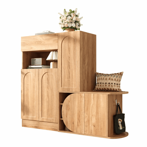 Cómoda com banco 130 x 35 x 110,5 cm u2013 1 gaveta, 5 portas, prateleira aberta e amplo espaço de arrumação para a entrada u2013 Natural Cómoda com banco 130 x 35 x 110,5 cm u2013 1 gaveta, 5 portas, prateleira aberta e amplo espaço de arrumação para a entrada u2013 Natural