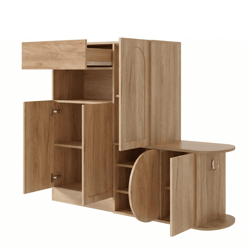 Cómoda com banco 130 x 35 x 110,5 cm u2013 1 gaveta, 5 portas, prateleira aberta e amplo espaço de arrumação para a entrada u2013 Natural Cómoda com banco 130 x 35 x 110,5 cm u2013 1 gaveta, 5 portas, prateleira aberta e amplo espaço de arrumação para a entrada u2013 Natural