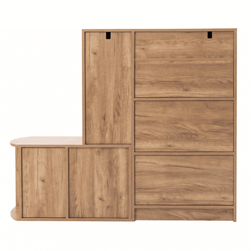 Cómoda com banco 130 x 35 x 110,5 cm u2013 1 gaveta, 5 portas, prateleira aberta e amplo espaço de arrumação para a entrada u2013 Natural Cómoda com banco 130 x 35 x 110,5 cm u2013 1 gaveta, 5 portas, prateleira aberta e amplo espaço de arrumação para a entrada u2013 Natural