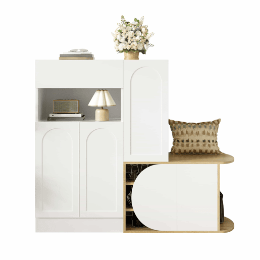 Armário com banco 130 x 35 x 110,5 cm u2013 5 portas, 1 gaveta, prateleira aberta e grande capacidade de arrumação u2013 Branco e madeira natural Armário com banco 130 x 35 x 110,5 cm u2013 5 portas, 1 gaveta, prateleira aberta e grande capacidade de arrumação u2013 Branco e madeira natural