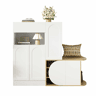 Armário com banco 130 x 35 x 110,5 cm u2013 5 portas, 1 gaveta, prateleira aberta e grande capacidade de arrumação u2013 Branco e madeira natural