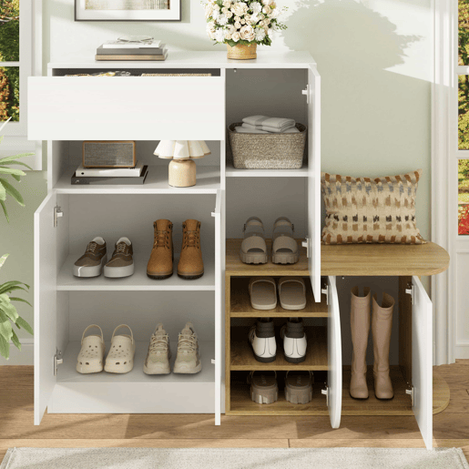 Armário com banco 130 x 35 x 110,5 cm u2013 5 portas, 1 gaveta, prateleira aberta e grande capacidade de arrumação u2013 Branco e madeira natural Armário com banco 130 x 35 x 110,5 cm u2013 5 portas, 1 gaveta, prateleira aberta e grande capacidade de arrumação u2013 Branco e madeira natural