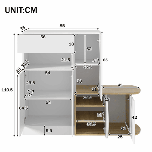 Armário com banco 130 x 35 x 110,5 cm u2013 5 portas, 1 gaveta, prateleira aberta e grande capacidade de arrumação u2013 Branco e madeira natural Armário com banco 130 x 35 x 110,5 cm u2013 5 portas, 1 gaveta, prateleira aberta e grande capacidade de arrumação u2013 Branco e madeira natural
