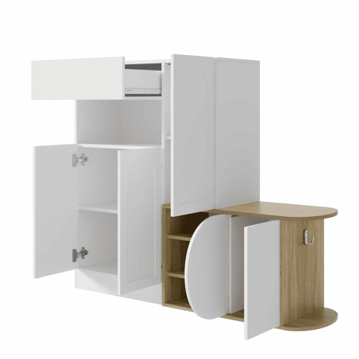 Armário com banco 130 x 35 x 110,5 cm u2013 5 portas, 1 gaveta, prateleira aberta e grande capacidade de arrumação u2013 Branco e madeira natural Armário com banco 130 x 35 x 110,5 cm u2013 5 portas, 1 gaveta, prateleira aberta e grande capacidade de arrumação u2013 Branco e madeira natural
