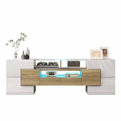 Móvel de TV 145 cm - Lowboard, Design moderno, LED, Superfície de vidro elegante - Branco+Dourado Móvel de TV 145 cm - Lowboard, Design moderno, LED, Superfície de vidro elegante - Branco+Dourado