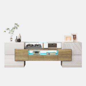 Móvel de TV 145 cm - Lowboard, Design moderno, LED, Superfície de vidro elegante - Branco+Dourado