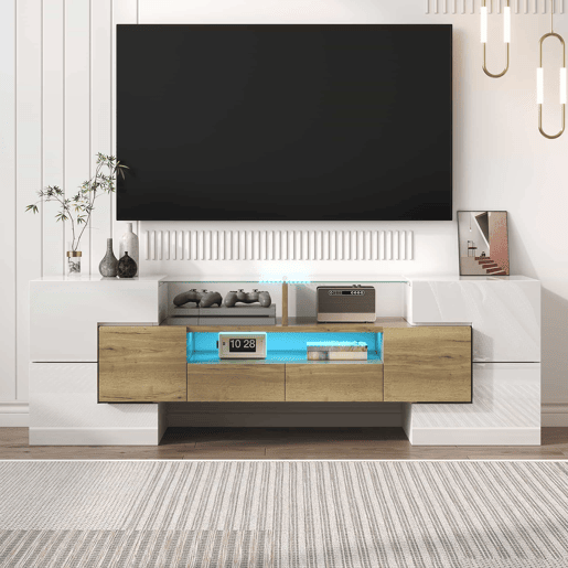 Móvel de TV 145 cm - Lowboard, Design moderno, LED, Superfície de vidro elegante - Branco+Dourado Móvel de TV 145 cm - Lowboard, Design moderno, LED, Superfície de vidro elegante - Branco+Dourado