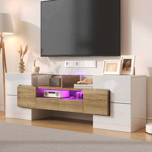 Móvel de TV 145 cm - Lowboard, Design moderno, LED, Superfície de vidro elegante - Branco+Dourado Móvel de TV 145 cm - Lowboard, Design moderno, LED, Superfície de vidro elegante - Branco+Dourado