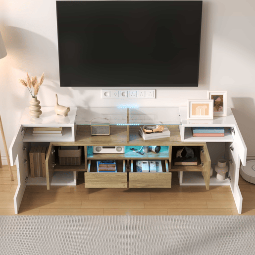 Móvel de TV 145 cm - Lowboard, Design moderno, LED, Superfície de vidro elegante - Branco+Dourado Móvel de TV 145 cm - Lowboard, Design moderno, LED, Superfície de vidro elegante - Branco+Dourado