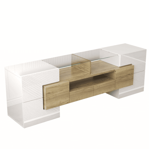 Móvel de TV 145 cm - Lowboard, Design moderno, LED, Superfície de vidro elegante - Branco+Dourado Móvel de TV 145 cm - Lowboard, Design moderno, LED, Superfície de vidro elegante - Branco+Dourado