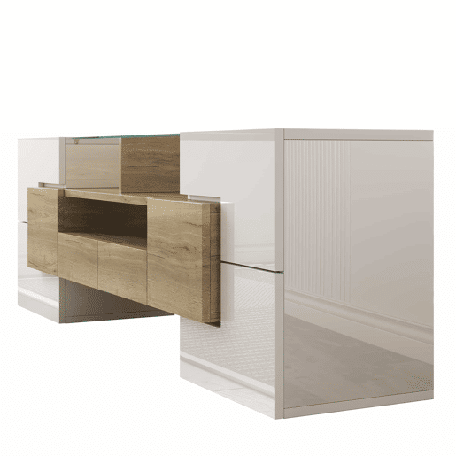 Móvel de TV 145 cm - Lowboard, Design moderno, LED, Superfície de vidro elegante - Branco+Dourado Móvel de TV 145 cm - Lowboard, Design moderno, LED, Superfície de vidro elegante - Branco+Dourado