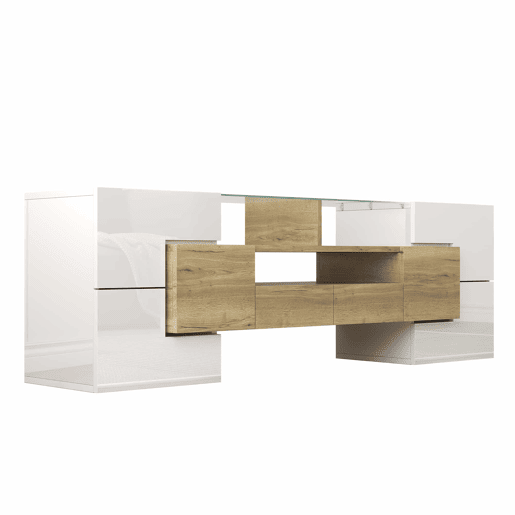 Móvel de TV 145 cm - Lowboard, Design moderno, LED, Superfície de vidro elegante - Branco+Dourado Móvel de TV 145 cm - Lowboard, Design moderno, LED, Superfície de vidro elegante - Branco+Dourado