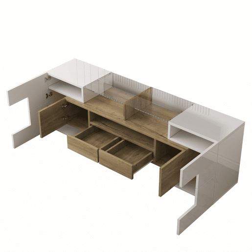 Móvel de TV 145 cm - Lowboard, Design moderno, LED, Superfície de vidro elegante - Branco+Dourado Móvel de TV 145 cm - Lowboard, Design moderno, LED, Superfície de vidro elegante - Branco+Dourado