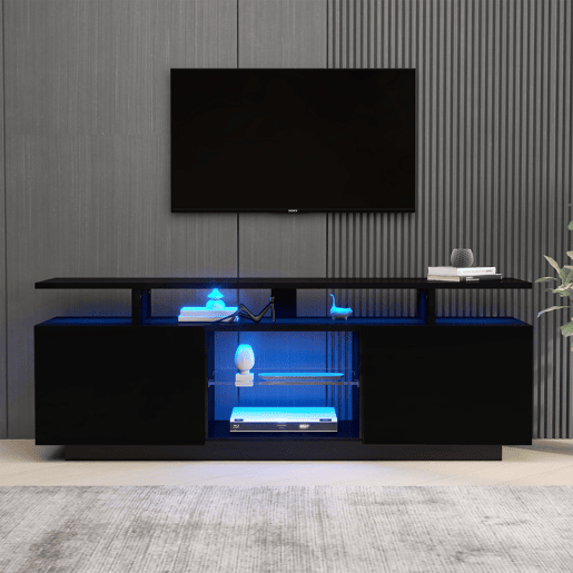 Móvel para TV 140 cm - Iluminação LED 16 cores, painel brilhante, compartimento de vidro - Preto Móvel para TV 140 cm - Iluminação LED 16 cores, painel brilhante, compartimento de vidro - Preto