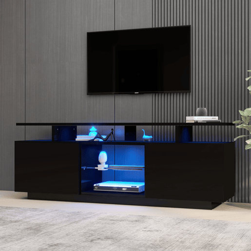 Móvel para TV 140 cm - Iluminação LED 16 cores, painel brilhante, compartimento de vidro - Preto Móvel para TV 140 cm - Iluminação LED 16 cores, painel brilhante, compartimento de vidro - Preto