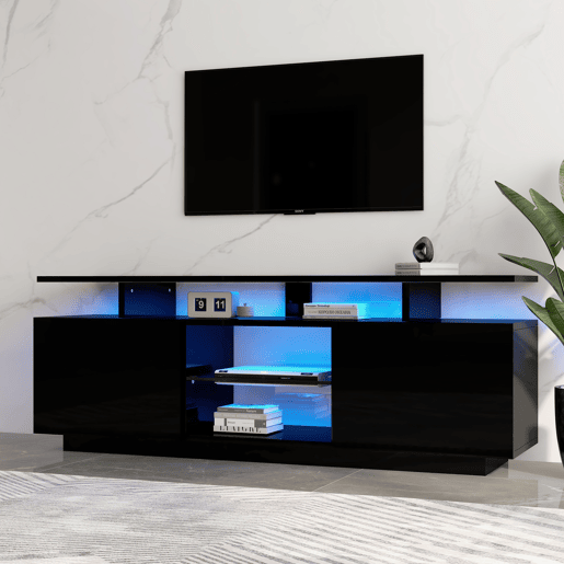 Móvel para TV 140 cm - Iluminação LED 16 cores, painel brilhante, compartimento de vidro - Preto Móvel para TV 140 cm - Iluminação LED 16 cores, painel brilhante, compartimento de vidro - Preto