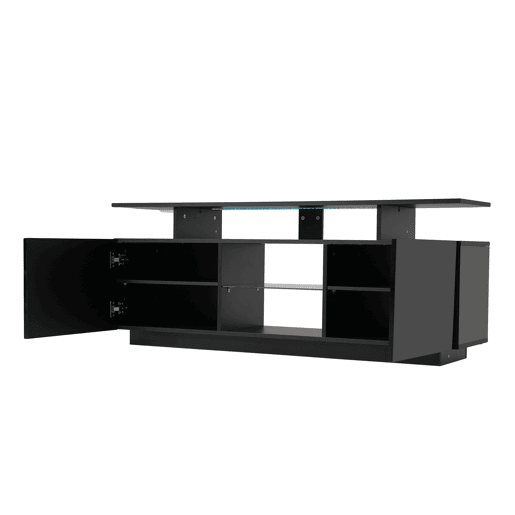 Móvel para TV 140 cm - Iluminação LED 16 cores, painel brilhante, compartimento de vidro - Preto Móvel para TV 140 cm - Iluminação LED 16 cores, painel brilhante, compartimento de vidro - Preto