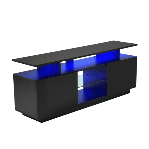 Móvel para TV 140 cm - Iluminação LED 16 cores, painel brilhante, compartimento de vidro - Preto Móvel para TV 140 cm - Iluminação LED 16 cores, painel brilhante, compartimento de vidro - Preto