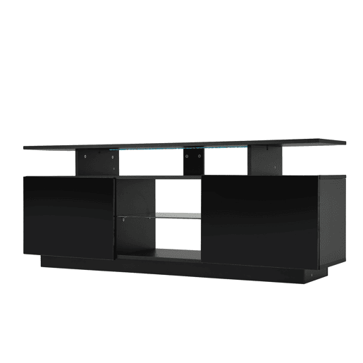 Móvel para TV 140 cm - Iluminação LED 16 cores, painel brilhante, compartimento de vidro - Preto Móvel para TV 140 cm - Iluminação LED 16 cores, painel brilhante, compartimento de vidro - Preto