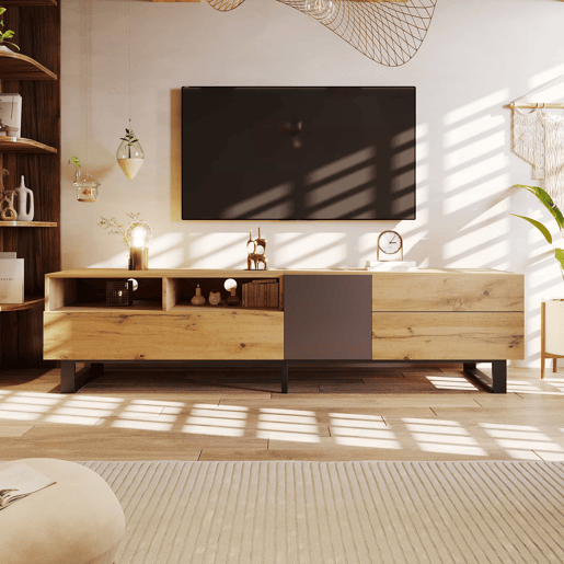 Móvel TV 180cm - 2 gavetas e 5 compartimentos - estilo industrial - Natural