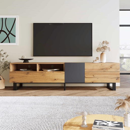 Móvel TV 180cm - 2 gavetas e 5 compartimentos - estilo industrial - Natural