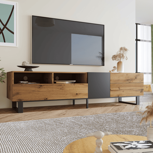 Móvel TV 180cm - 2 gavetas e 5 compartimentos - estilo industrial - Natural