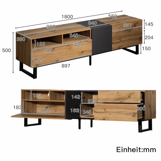 Móvel TV 180cm - 2 gavetas e 5 compartimentos - estilo industrial - Natural