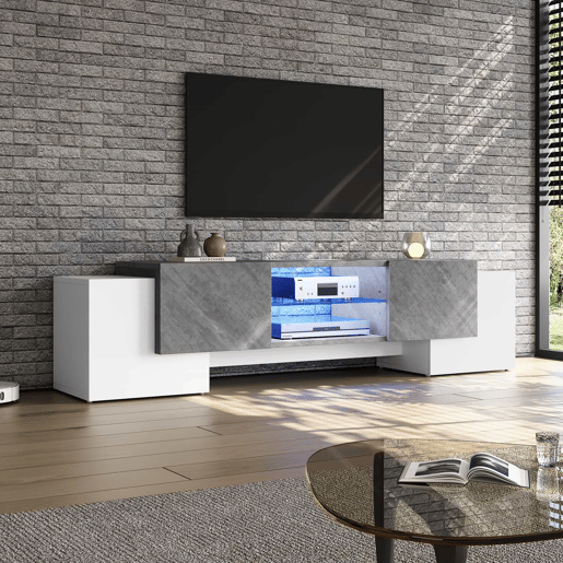 Móvel para TV 180x40x46,5 cm - TV Schrank com Bluetooth-LED, Lowboard para televisores de 606570 polegadas - Branco e cinzento