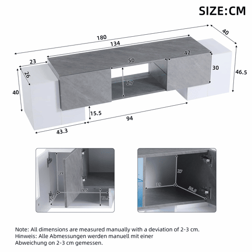 Móvel para TV 180x40x46,5 cm - TV Schrank com Bluetooth-LED, Lowboard para televisores de 606570 polegadas - Branco e cinzento