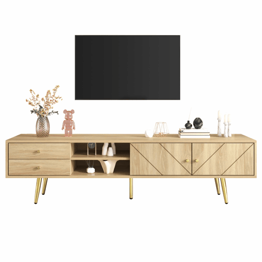 Mesa de TV 160x36x42cm - com 2 gavetas e 2 portas - pernas douradas - Natural Mesa de TV 160x36x42cm - com 2 gavetas e 2 portas - pernas douradas - Natural