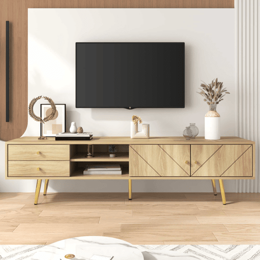 Mesa de TV 160x36x42cm - com 2 gavetas e 2 portas - pernas douradas - Natural Mesa de TV 160x36x42cm - com 2 gavetas e 2 portas - pernas douradas - Natural