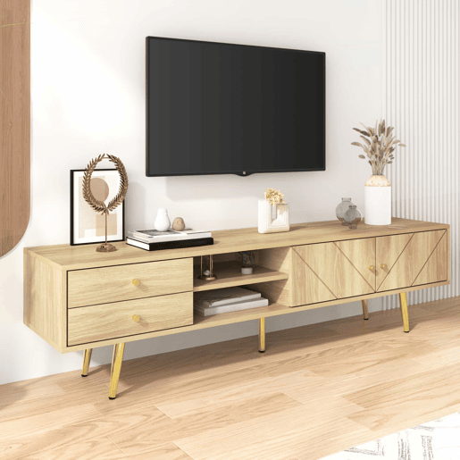 Mesa de TV 160x36x42cm - com 2 gavetas e 2 portas - pernas douradas - Natural Mesa de TV 160x36x42cm - com 2 gavetas e 2 portas - pernas douradas - Natural