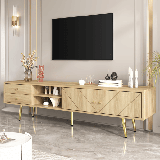 Mesa de TV 160x36x42cm - com 2 gavetas e 2 portas - pernas douradas - Natural Mesa de TV 160x36x42cm - com 2 gavetas e 2 portas - pernas douradas - Natural