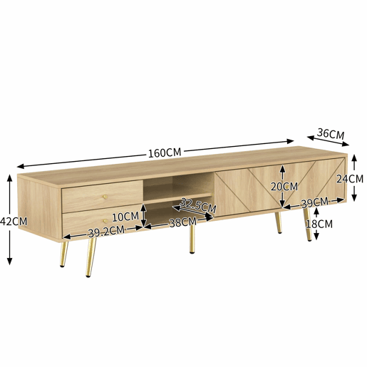 Mesa de TV 160x36x42cm - com 2 gavetas e 2 portas - pernas douradas - Natural Mesa de TV 160x36x42cm - com 2 gavetas e 2 portas - pernas douradas - Natural
