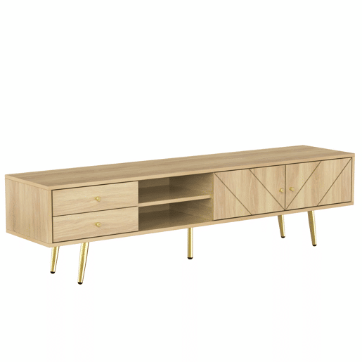 Mesa de TV 160x36x42cm - com 2 gavetas e 2 portas - pernas douradas - Natural Mesa de TV 160x36x42cm - com 2 gavetas e 2 portas - pernas douradas - Natural