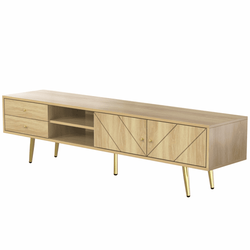 Mesa de TV 160x36x42cm - com 2 gavetas e 2 portas - pernas douradas - Natural Mesa de TV 160x36x42cm - com 2 gavetas e 2 portas - pernas douradas - Natural