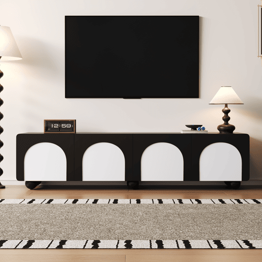 Móvel de TV 180x38x45 cm - 2 gavetas e 2 portas, design clássico - PretoPreto-Branco Móvel de TV 180x38x45 cm - 2 gavetas e 2 portas, design clássico - PretoPreto-Branco