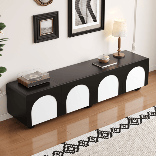 Móvel de TV 180x38x45 cm - 2 gavetas e 2 portas, design clássico - PretoPreto-Branco Móvel de TV 180x38x45 cm - 2 gavetas e 2 portas, design clássico - PretoPreto-Branco