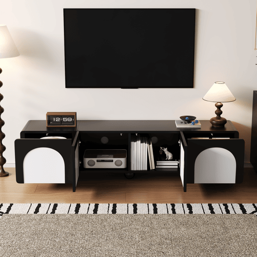 Móvel de TV 180x38x45 cm - 2 gavetas e 2 portas, design clássico - PretoPreto-Branco Móvel de TV 180x38x45 cm - 2 gavetas e 2 portas, design clássico - PretoPreto-Branco