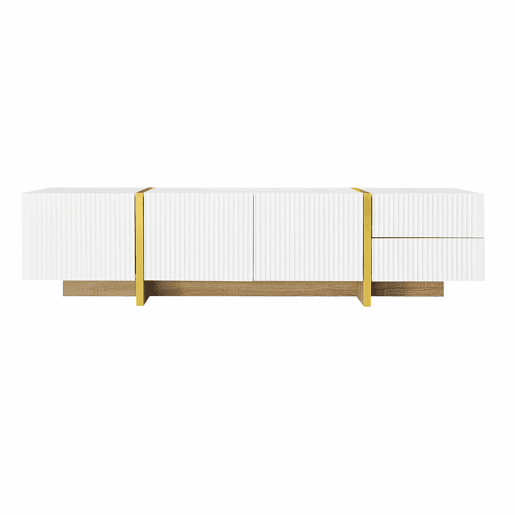 Móvel de TV 190 cm - 3 portas, 2 gavetas - Branco com dourado e madeira Móvel de TV 190 cm - 3 portas, 2 gavetas - Branco com dourado e madeira