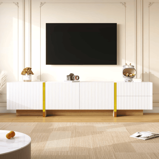 Móvel de TV 190 cm - 3 portas, 2 gavetas - Branco com dourado e madeira Móvel de TV 190 cm - 3 portas, 2 gavetas - Branco com dourado e madeira