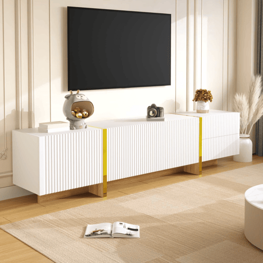 Móvel de TV 190 cm - 3 portas, 2 gavetas - Branco com dourado e madeira Móvel de TV 190 cm - 3 portas, 2 gavetas - Branco com dourado e madeira