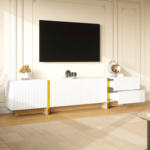 Móvel de TV 190 cm - 3 portas, 2 gavetas - Branco com dourado e madeira Móvel de TV 190 cm - 3 portas, 2 gavetas - Branco com dourado e madeira