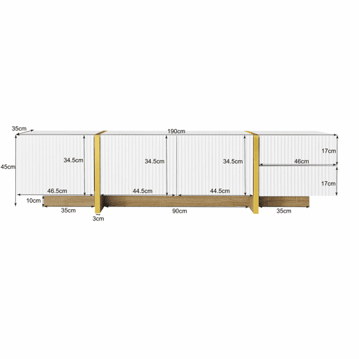 Móvel de TV 190 cm - 3 portas, 2 gavetas - Branco com dourado e madeira Móvel de TV 190 cm - 3 portas, 2 gavetas - Branco com dourado e madeira