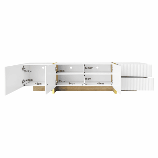 Móvel de TV 190 cm - 3 portas, 2 gavetas - Branco com dourado e madeira Móvel de TV 190 cm - 3 portas, 2 gavetas - Branco com dourado e madeira